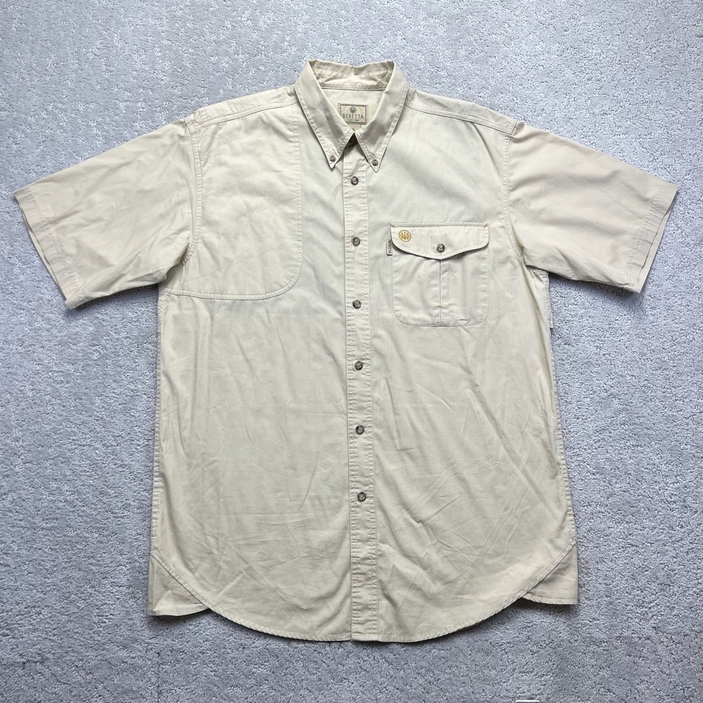 Beretta Shirt Mens Large Beige Short Sleeve Hunting Shooting Button Down Vented
